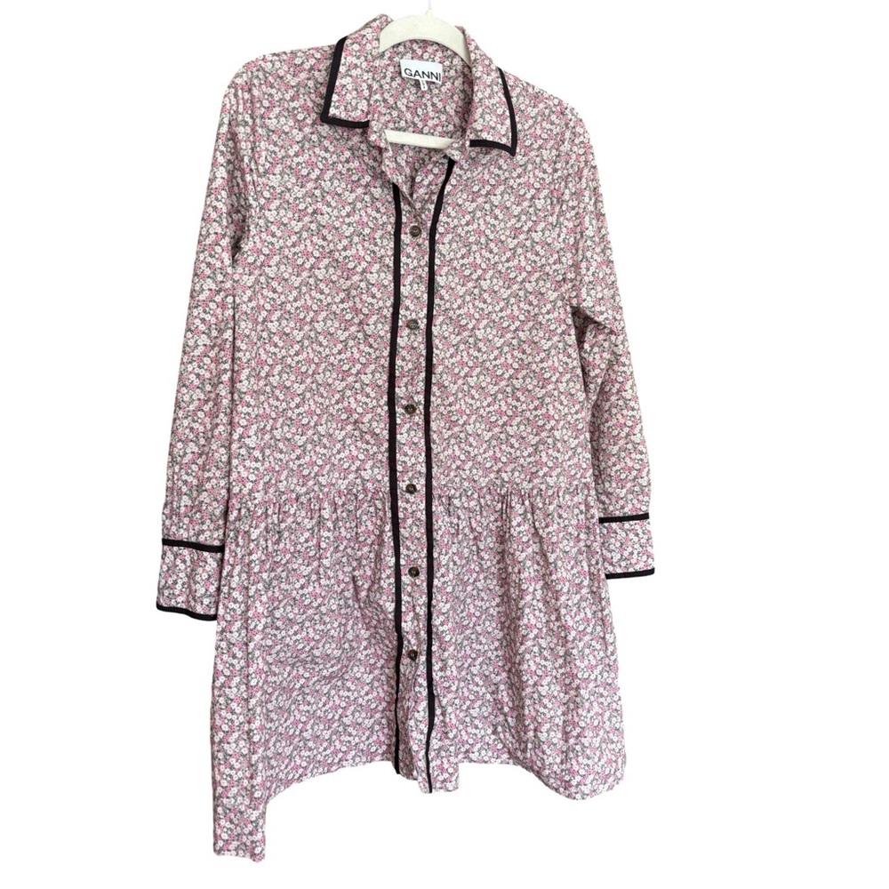 GANNI Floral Shirt Dress with Black Accents